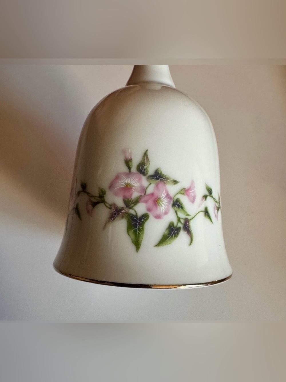Russ & Berrie Co. Delicate Pink Floral Porcelain Bell with Gold Trim